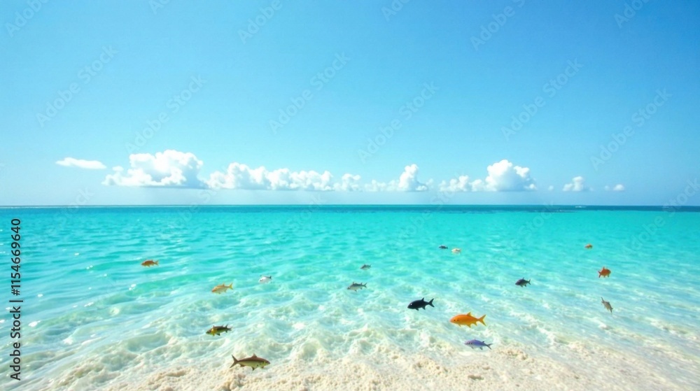 Tranquil Ocean Scene with Colorful Fish Swimming in Shallow, Crystal-Clear Water on a Sunny Day with Fluffy White Clouds Tranquil Ocean Scene with Colorful Fish Swimming in Shallow, Crystal-Clear Water on a Sunny Day with Fluffy White Clouds