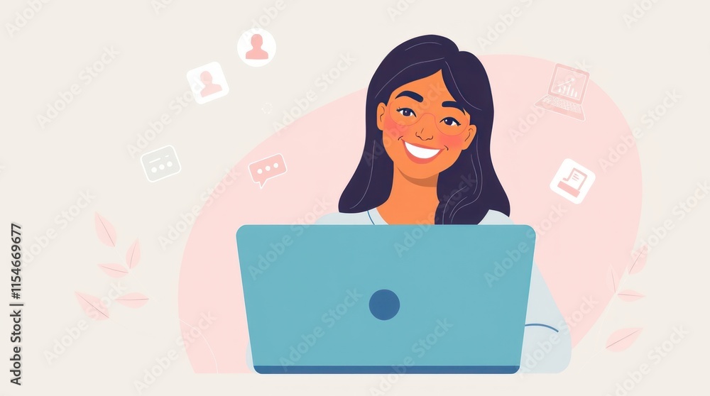 A cheerful woman working on a laptop, surrounded by digital icons representing communication. A cheerful woman working on a laptop, surrounded by digital icons representing communication.