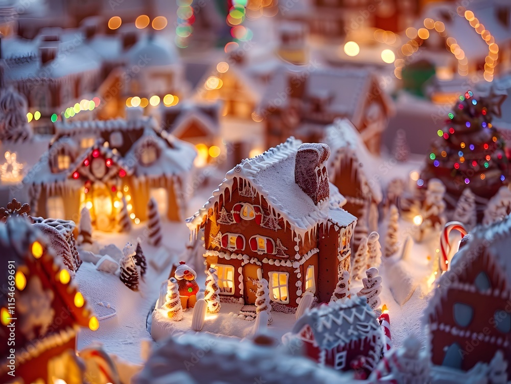 Gingerbread City at Dusk with Twinkling Lights and Snowy Landscape Gingerbread City at Dusk with Twinkling Lights and Snowy Landscape