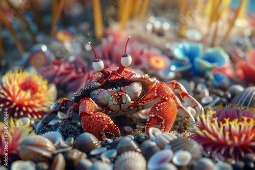 Cute cartoon crab among colorful seashells and plants.