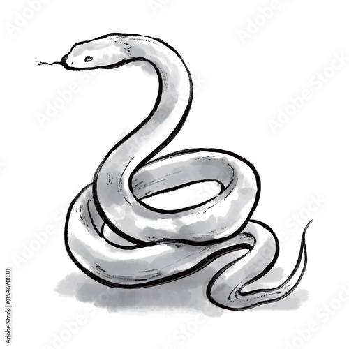蛇の水墨画イラスト　モノクロ　巳年　ヘビ　年賀状	