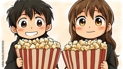 Two cute anime children holding large popcorn buckets.