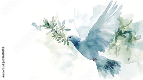 Watercolor dove carrying olive branch.
