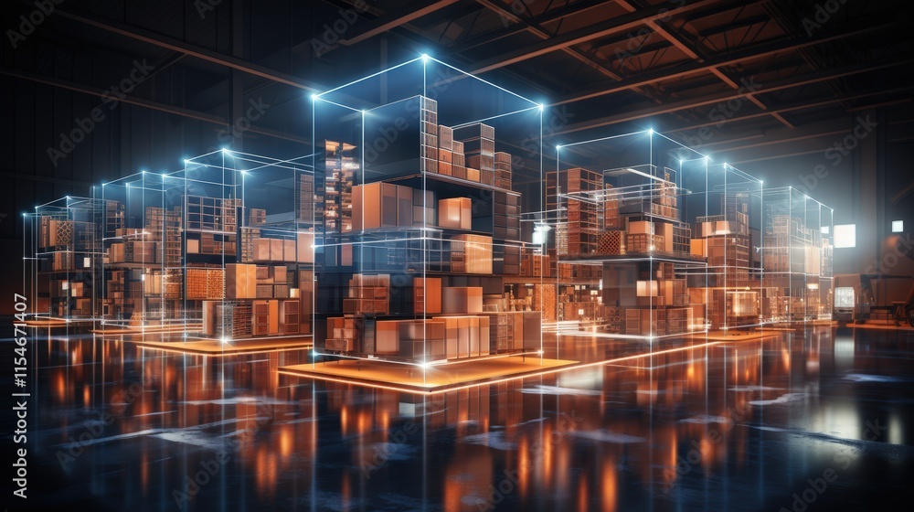 Futuristic Retail Technology Warehouse with Transparent Cubes Showcasing Modern Inventory Management and Logistics Innovation Futuristic Retail Technology Warehouse with Transparent Cubes Showcasing Modern Inventory Management and Logistics Innovation