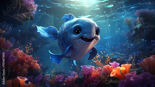 Cute cartoon fish swimming in vibrant coral reef.