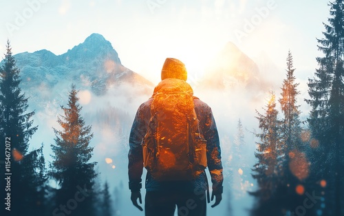 Outdoor traveler in hiking attire standing and looking at nature s beauty, double exposure effect with light effects, symbolizing adventure and travel experiences photo