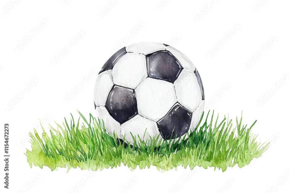 Obraz premium Watercolor Soccer Ball Near Goal on Grass Background