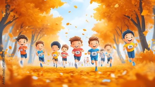 Happy children race through autumn leaves.