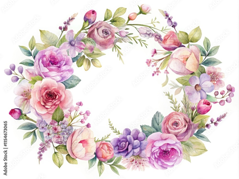 A delicate botanical wreath in soft pink and purple watercolor; aerial view, elegant floral design ideal for weddings. A delicate botanical wreath in soft pink and purple watercolor; aerial view, elegant floral design ideal for weddings.