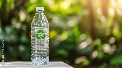 13. A transparent plastic water bottle with a recycling symbol on it, placed on a white surface ready for disposal