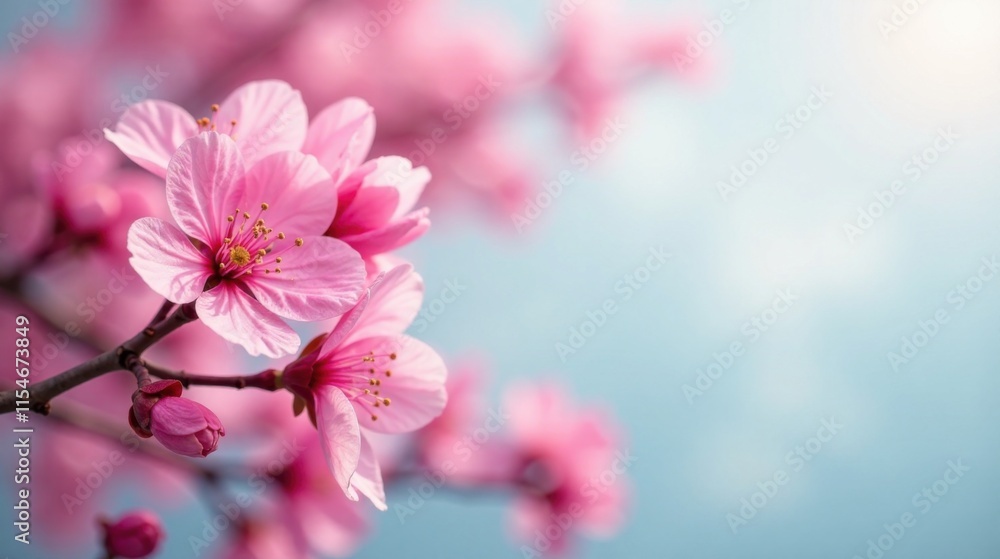 Delicate Pink Blossoms on Branch Against Soft Blue Sky Background, Springtime Floral Beauty Delicate Pink Blossoms on Branch Against Soft Blue Sky Background, Springtime Floral Beauty