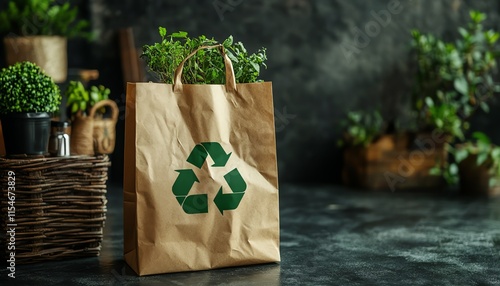 Ecoconscious 100 recyclable brown paper bag with green recycling symbol, symbolizing sustainability, natural packaging, and environmental safety photo