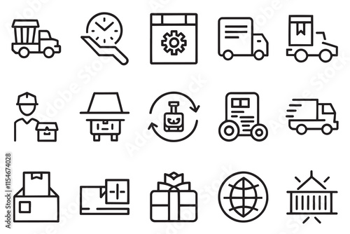  Delivery, manufacturing, commerce related editable stroke outline icons set isolated flat vector illustration on white background
