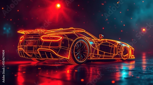 A futuristic car rendered in neon lines against a vibrant, digital backdrop.