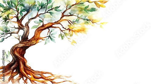 Watercolor painting of an olive tree with exposed roots and vibrant foliage.