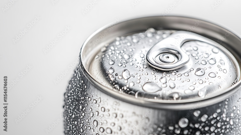 5. A silver beverage can with condensation on the outside, set against a minimalist white background 5. A silver beverage can with condensation on the outside, set against a minimalist white background