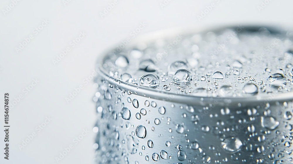 22. A close-up of a silver can with condensation beads on it, set against a bright white background 22. A close-up of a silver can with condensation beads on it, set against a bright white background
