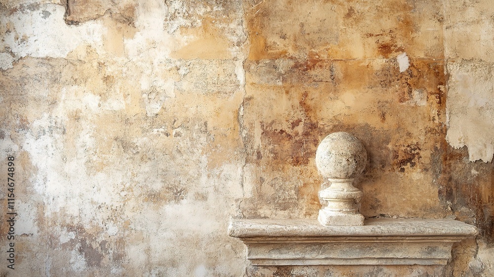 Aged Wall with Stained Texture and Decorative Sphere on Mantel Aged Wall with Stained Texture and Decorative Sphere on Mantel