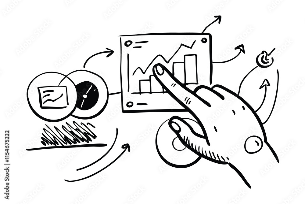 Fototapeta premium Market trends and analysis Hand drawn Doodle line art flat vector illustration on white background.