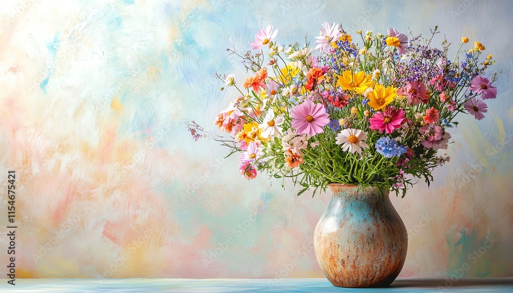 Beautiful summer wildflower bouquet in an artistic vase on a softly painted textured, pastelcolored background, with copy space and natural light Beautiful summer wildflower bouquet in an artistic vase on a softly painted textured, pastelcolored background, with copy space and natural light