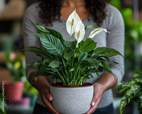 Closeup of a woman s hands putting a white peace lily, spathiphyllum houseplant into a new flowerpot, showcasing indoor gardening for hobbyists photo