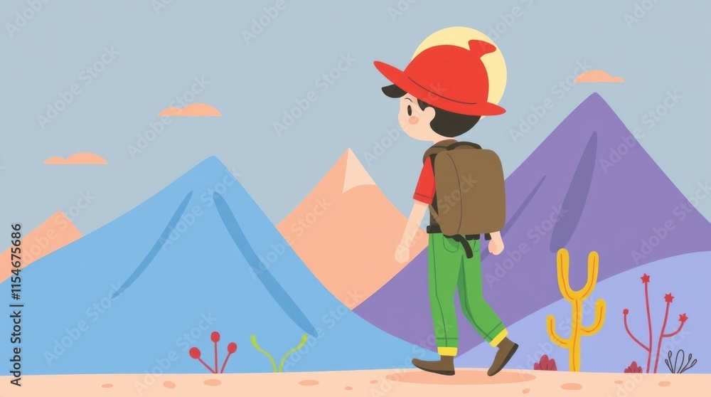 Obraz premium A child with a backpack walks through a colorful mountainous landscape.