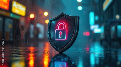 A glowing shield with a padlock symbol in a rainy urban setting, symbolizing security.