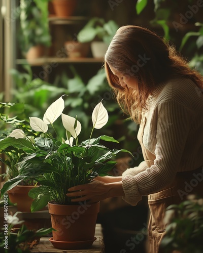 Female gardeners hands carefully repotting a white peace lily, spathiphyllum houseplant, into a flowerpot, symbolizing spring and indoor plant care