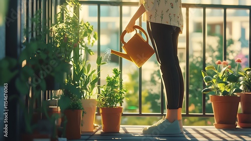 20. A person in casual clothes watering plants on a balcony garden, with the sunlight casting soft shadows