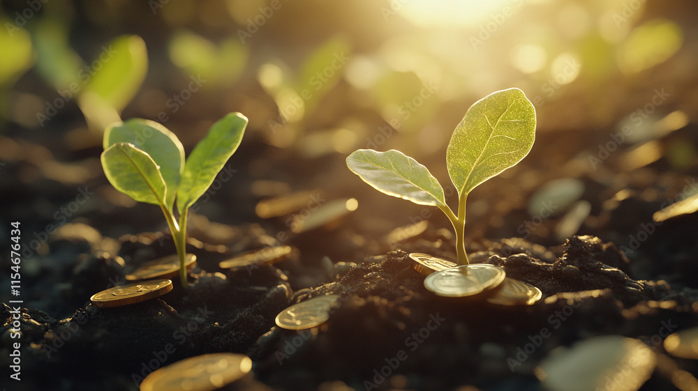 Growing plants emerge from soil surrounded by coins in golden sunlight. Growing plants emerge from soil surrounded by coins in golden sunlight.