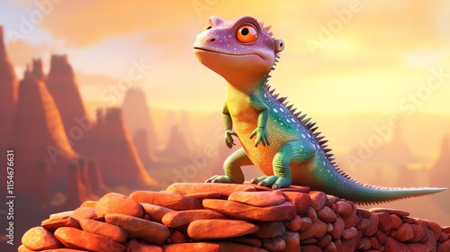 Cute cartoon lizard on rocks at sunset.