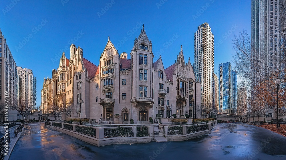 Obraz premium Morning Scene of a Central Chicago Hotel with Urban Landscape