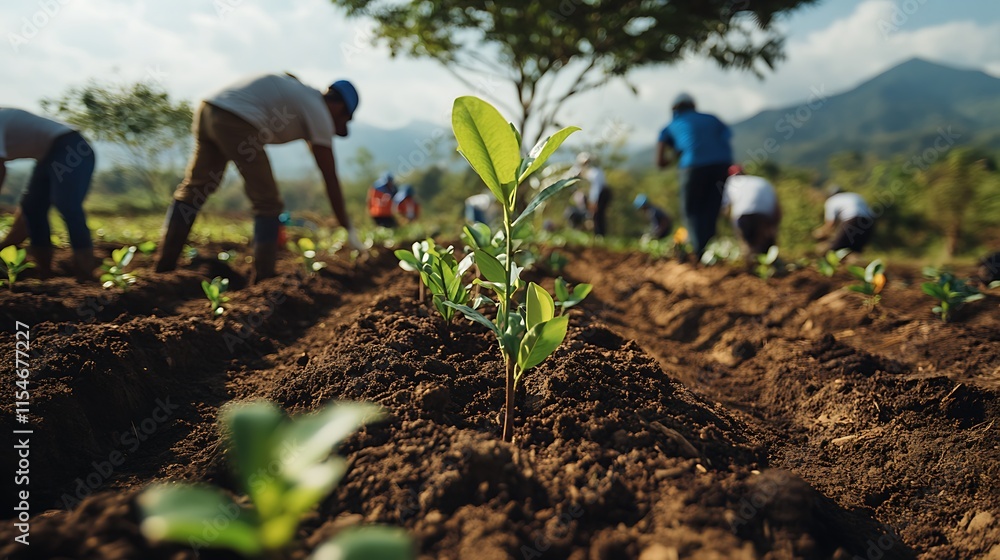 custom made wallpaper toronto digital20. A wide shot of a team of people planting trees in a reforestation area, with multiple saplings being placed in the earth