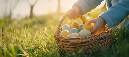 On a beautiful sunny afternoon, a child delightfully runs around in a grassy field, joyfully collecting colorful Easter eggs, fully embodying the exuberant spirit of the delightful Easter celebration
