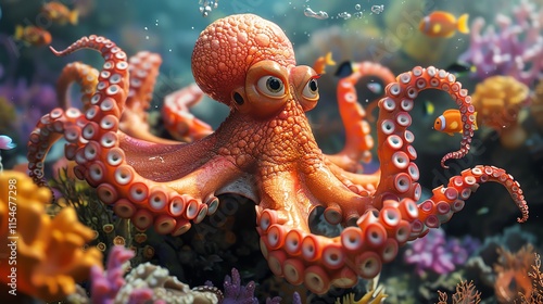 Cute cartoon octopus in vibrant coral reef.