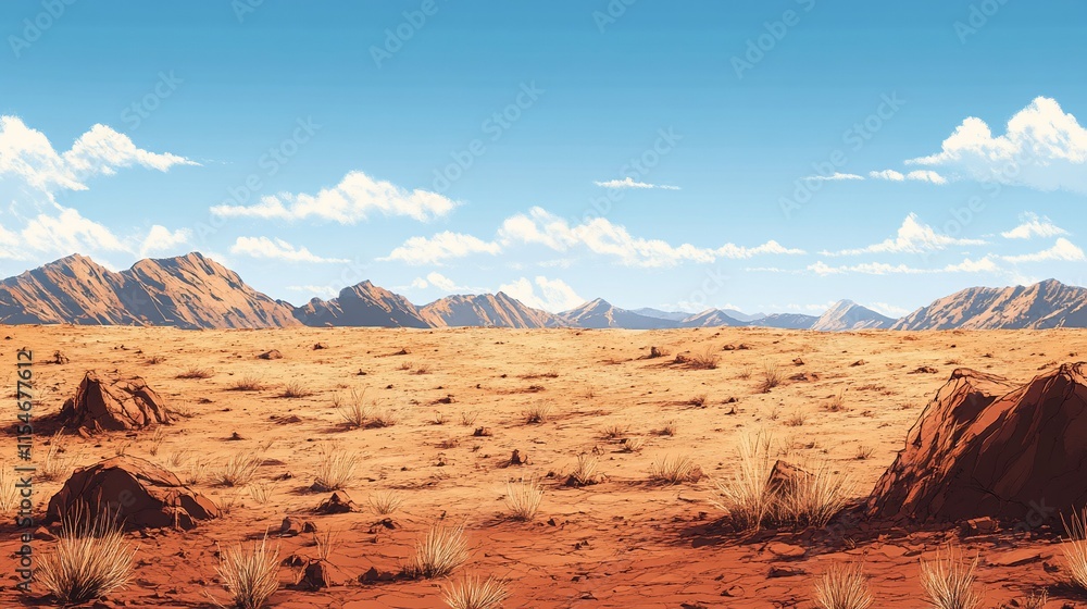 Expansive desert landscape under a bright sky with distant mountains. Expansive desert landscape under a bright sky with distant mountains.