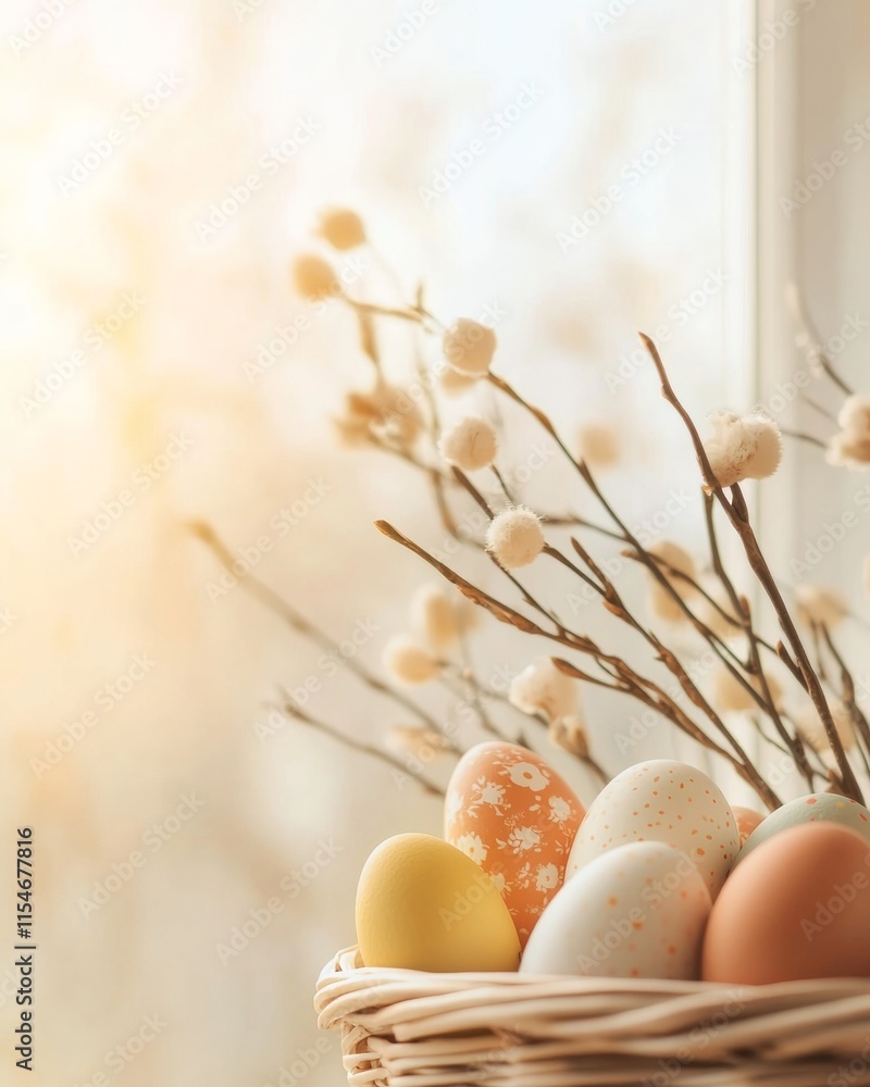 Pastel Easter Basket with Decorative Eggs and Soft Willow Branches in Sunlit Setting Pastel Easter Basket with Decorative Eggs and Soft Willow Branches in Sunlit Setting