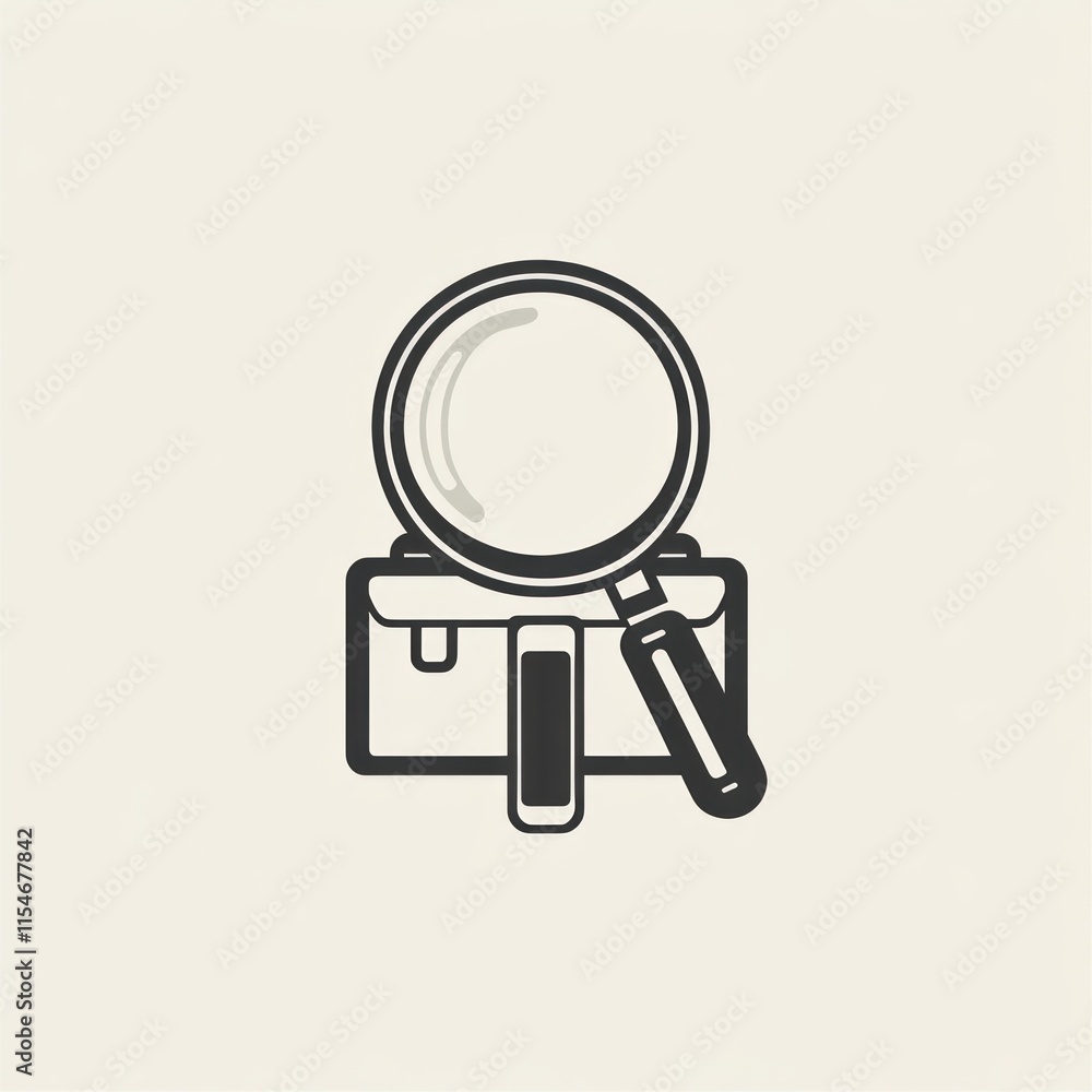 A magnifying glass over a briefcase, symbolizing research, investigation, and data analysis.