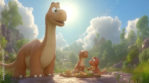 Happy dinosaur family enjoying a picnic.