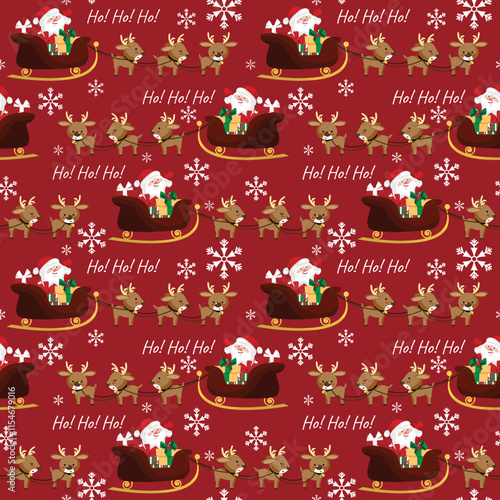 Seamless pattern  of Santa Claus in a sleigh with colorful gift boxes and cute reindeer on red background with Ho Ho Ho text and snowflakes. Cute Christmas holidays cartoon design for greeting