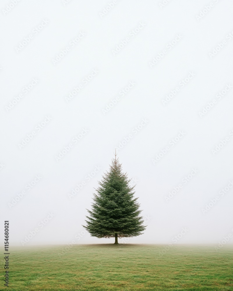 Minimalist Fir Tree in Misty Landscape with Retro Futuristic Aesthetic Minimalist Fir Tree in Misty Landscape with Retro Futuristic Aesthetic