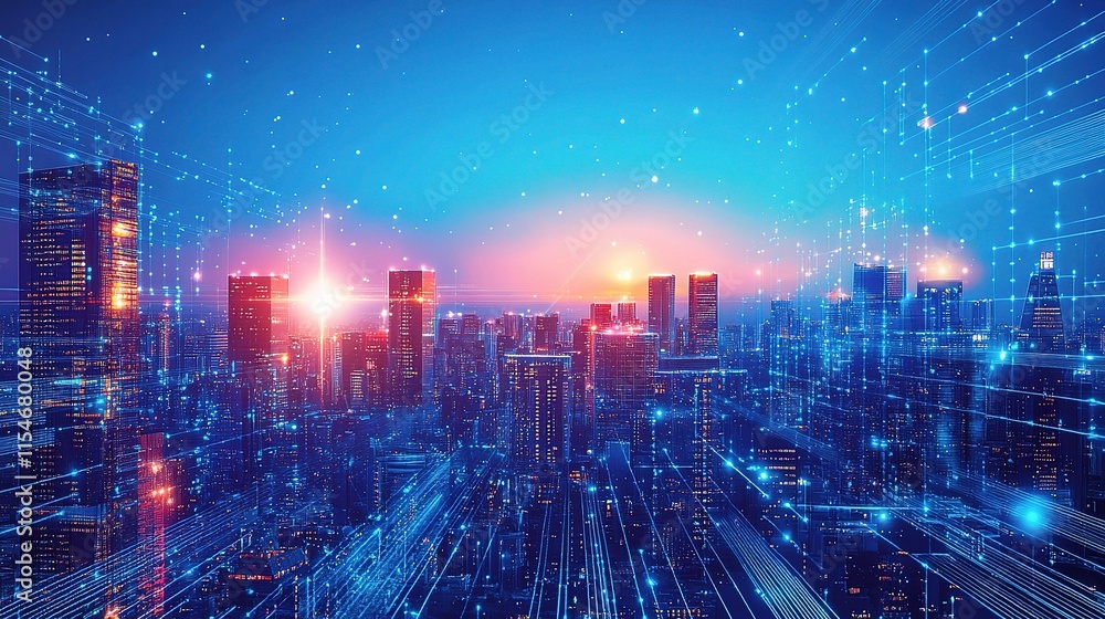 Obraz premium Futuristic Vector Illustration of Urban Cityscape at Dusk