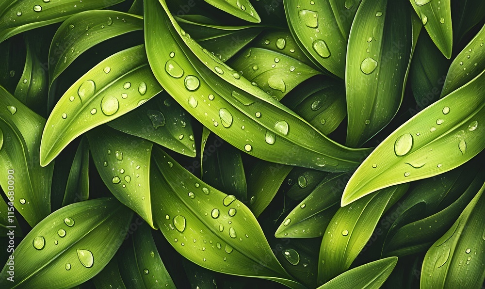 Fototapeta premium Lush green leaves with dew drops.