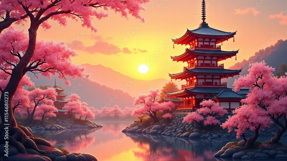 Obraz premium Serene Japanese Pagoda Sunset - Digital art illustrations