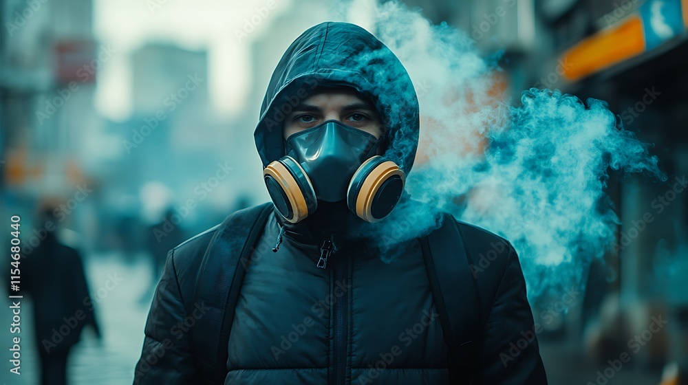 custom made wallpaper toronto digital9. A person wearing a protective mask near a smokestack, with visible toxic fumes being released into the air