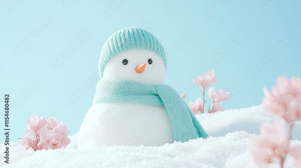 Obraz premium Cute Snowman with Teal Winter Wear on Snowy Meadow with Pink Flowers