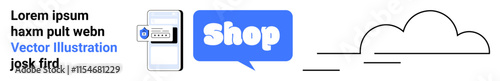 Mobile phone displaying an online shop app interface with a shop button. An abstract cloud symbol is included to represent the digital environment. Ideal for online shopping, mobile apps, e-commerce