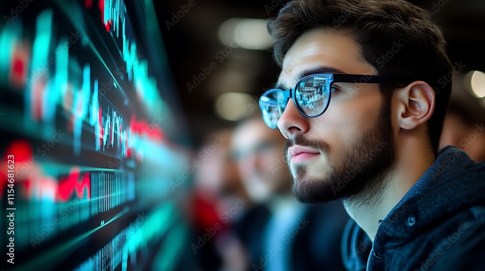 Focused young man analyzing stock market data on a large screen. Focused young man analyzing stock market data on a large screen.