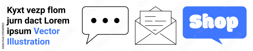 Chat bubble with dots, an envelope, and a shop icon with text. Ideal for communication, online shopping, customer service, email, and e-commerce themes. Banner for landing page Chat bubble with dots, an envelope, and a shop icon with text. Ideal for communication, online shopping, customer service, email, and e-commerce themes. Banner for landing page