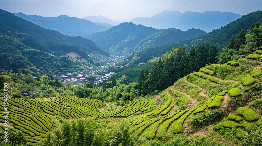 Fototapeta premium Terraced Tea Plantations Cascading Down Hillside in Japan